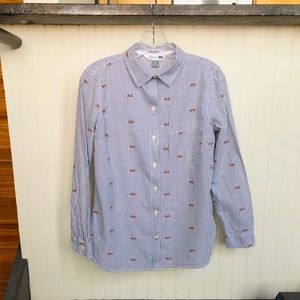 Old Navy Blouse Button Down Navy striped w/ Foxes